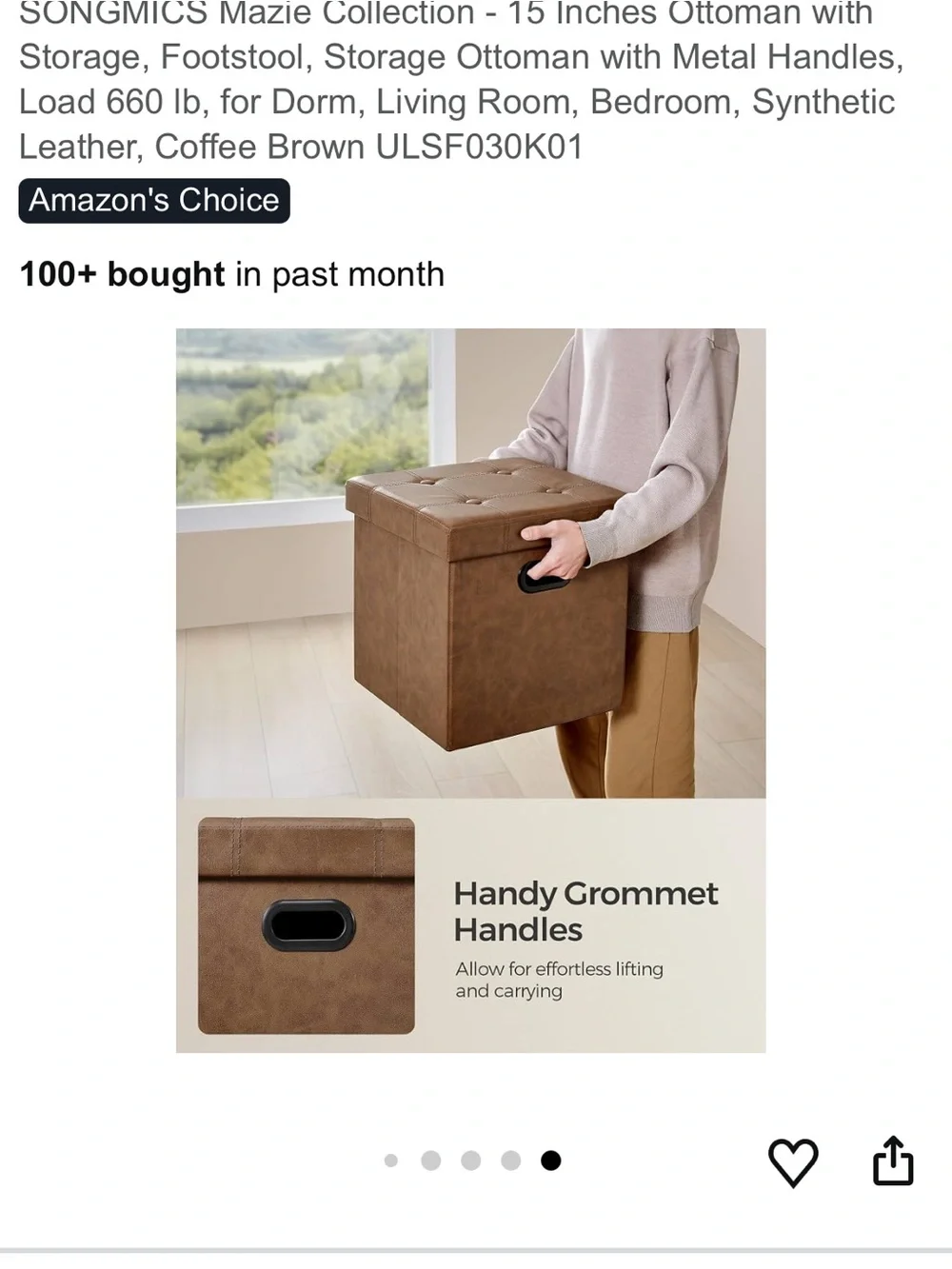 Brown Faux Leather Storage Ottoman with Grommet Handles